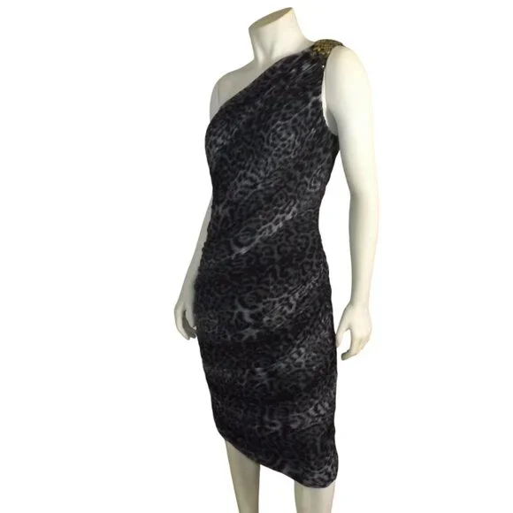 TADASHI SHOJI Evening Dress, XL, Grey Animal Print, Jeweled One Shoulder, Ruched - Picture 6 of 15